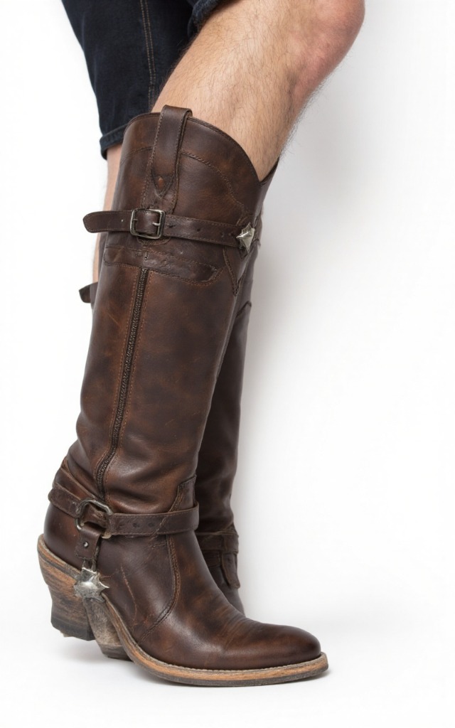 A male model wearing Riding boots with spur rests, against a white background, with a close   up of the feet